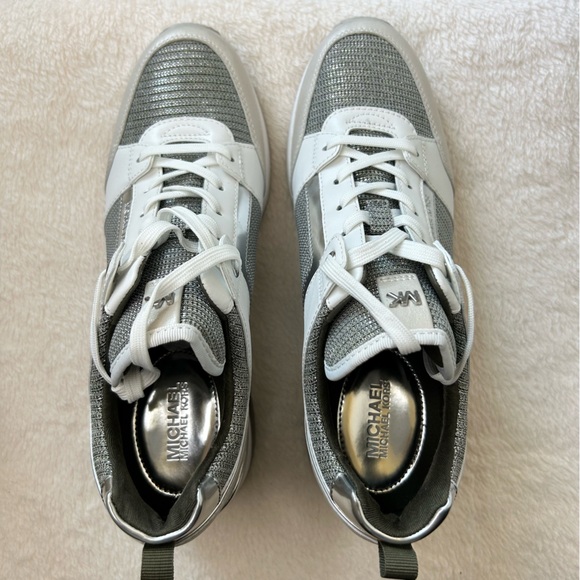 Michael Kors Tan and Silver Georgie Leather and Glitter Chain-Mesh Trainer - Picture 2 of 10